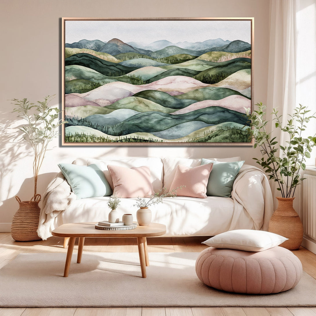 Framed Wall Art featuring a watercolor landscape in green, blue, and pink hues. Perfect for adding a touch of nature and serenity to your living room.