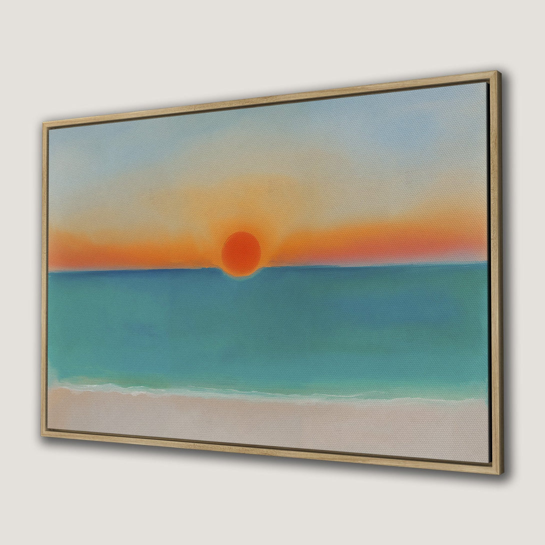 Framed Wall Art Canvas Print of a sunset over the ocean. Abstract style with a warm color palette of orange, blue, and beige. Bring the beach to your home!