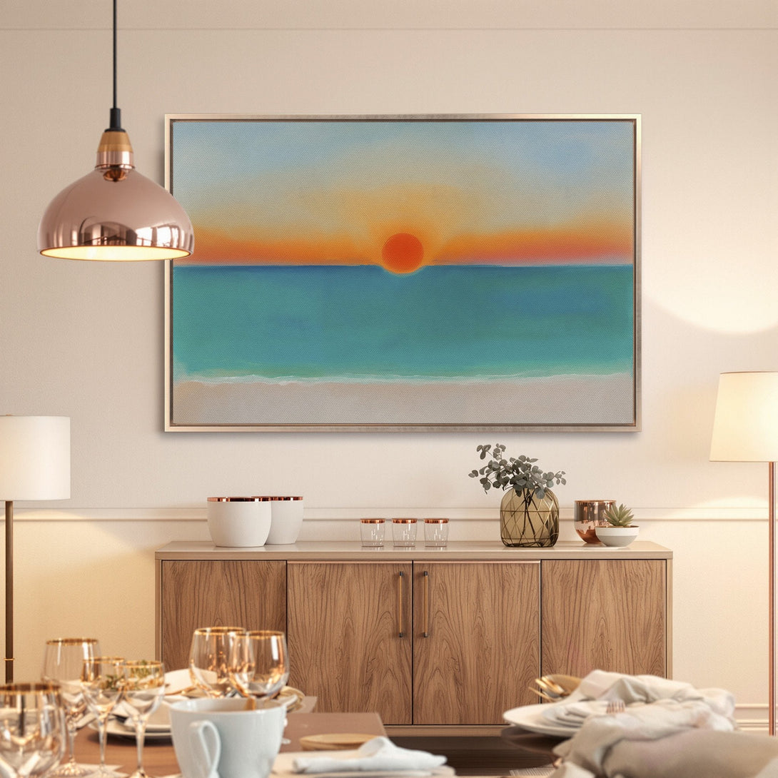 Framed Wall Art: Coastal sunset painting with warm orange, teal, and neutral tones. Modern art for living room or dining room decor.