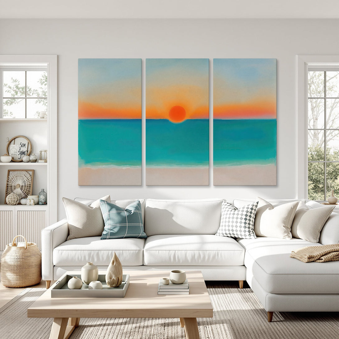 Canvas Print of a sunset over the ocean. Modern, minimalist style with a vibrant teal, orange, and blue color palette. Perfect wall decor for any room!