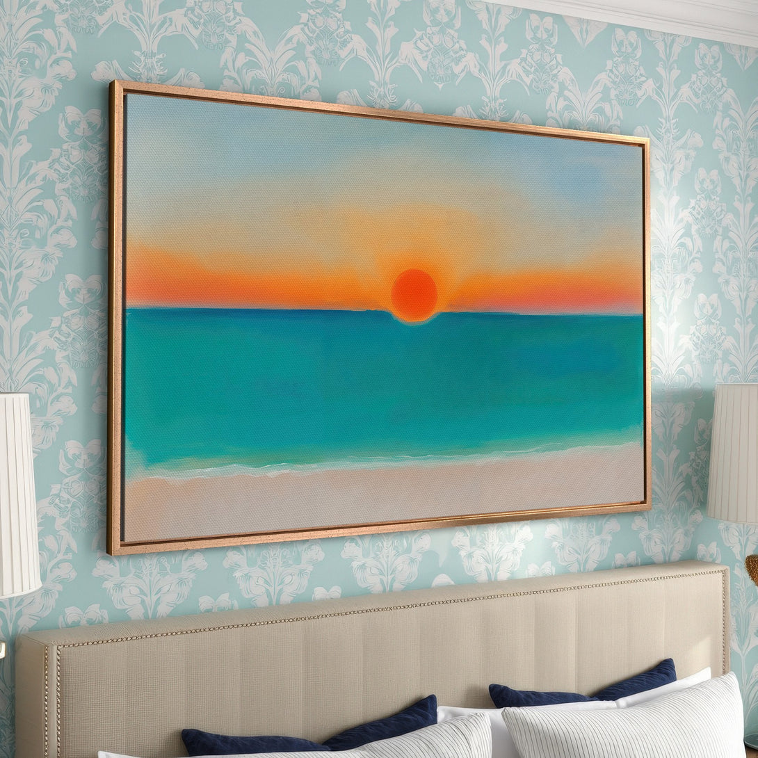 Framed Wall Art: Abstract sunset canvas print in vibrant teal, orange, and blue. Coastal style art to elevate your bedroom decor.