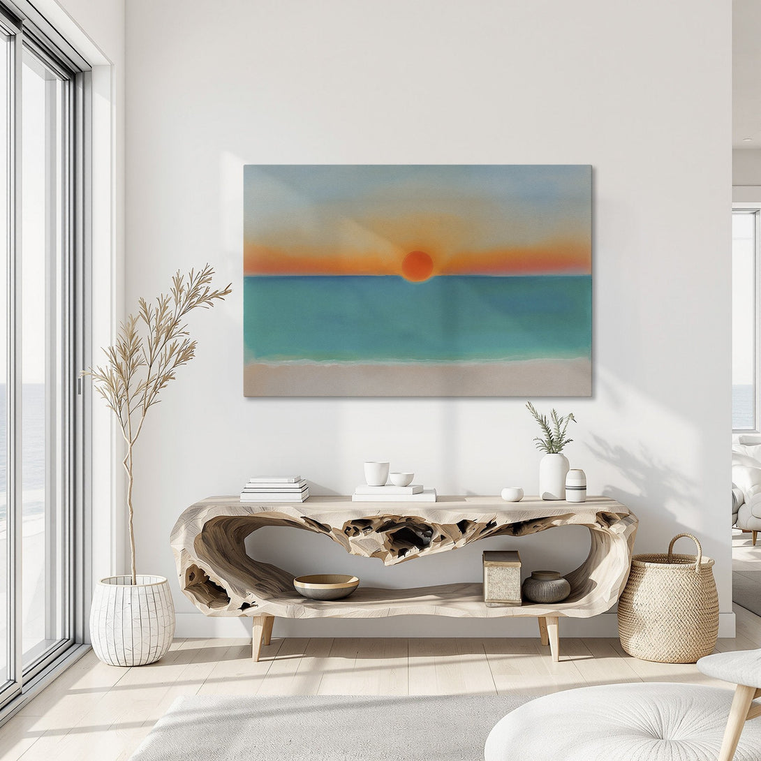 Framed Wall Art of a sunset over the ocean. Coastal art in teal, orange, and blue hues. Modern abstract canvas print for a calming interior.