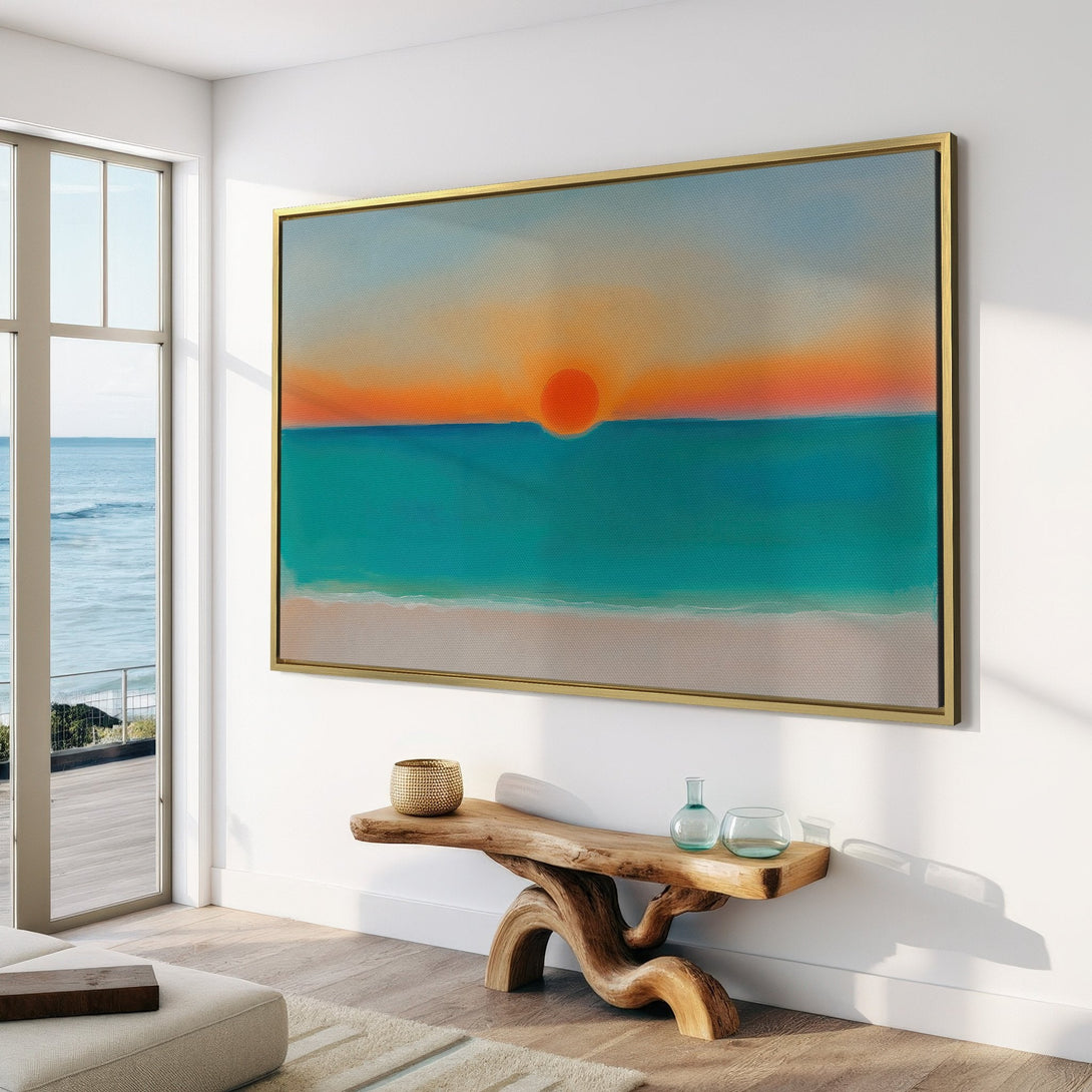 Canvas Print of a sunset over the ocean, in a minimalist style with a warm orange, teal, and beige color palette. Perfect for coastal decor.