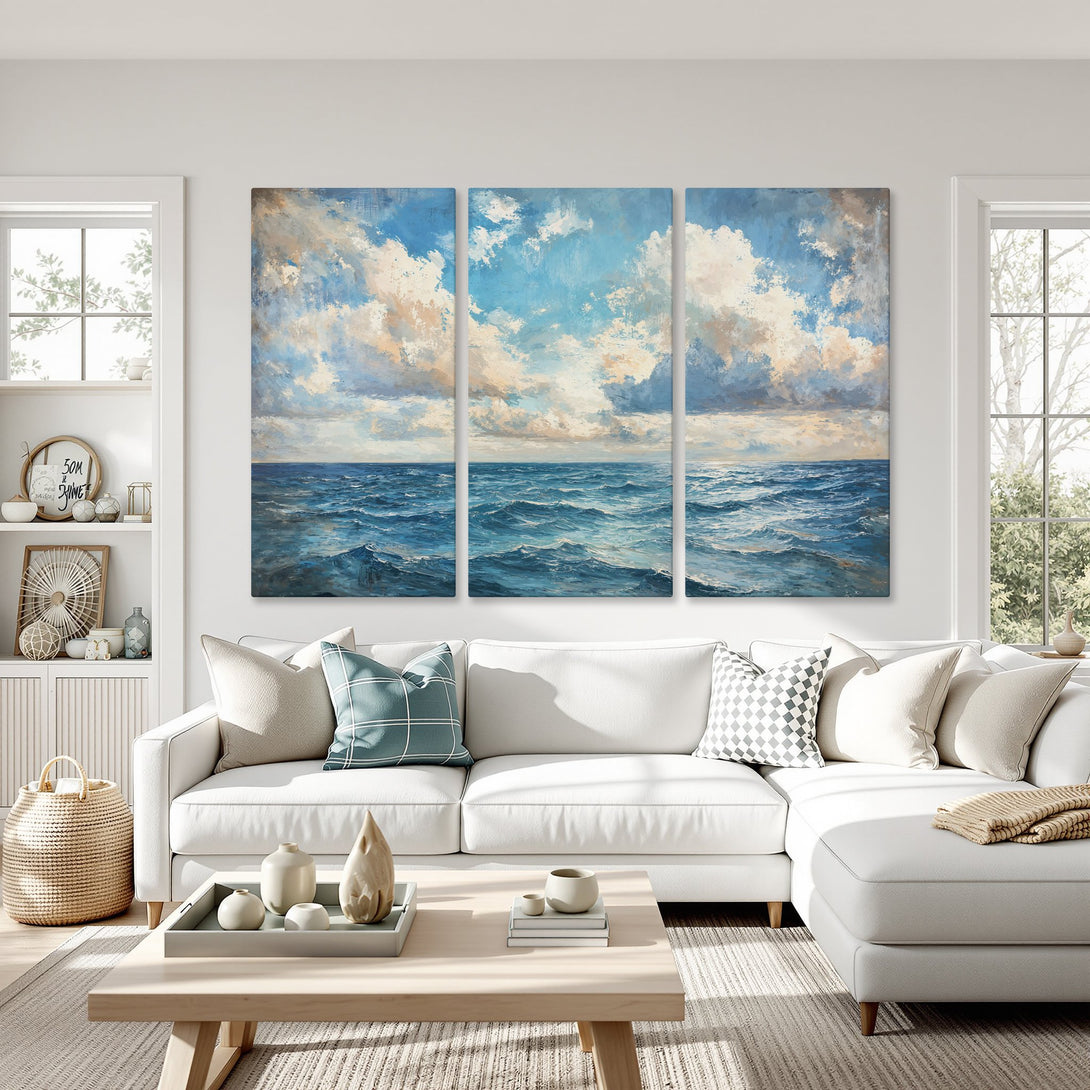 Canvas Print of ocean waves and sky, impressionist style, blue and neutral color palette, perfect for coastal decor.