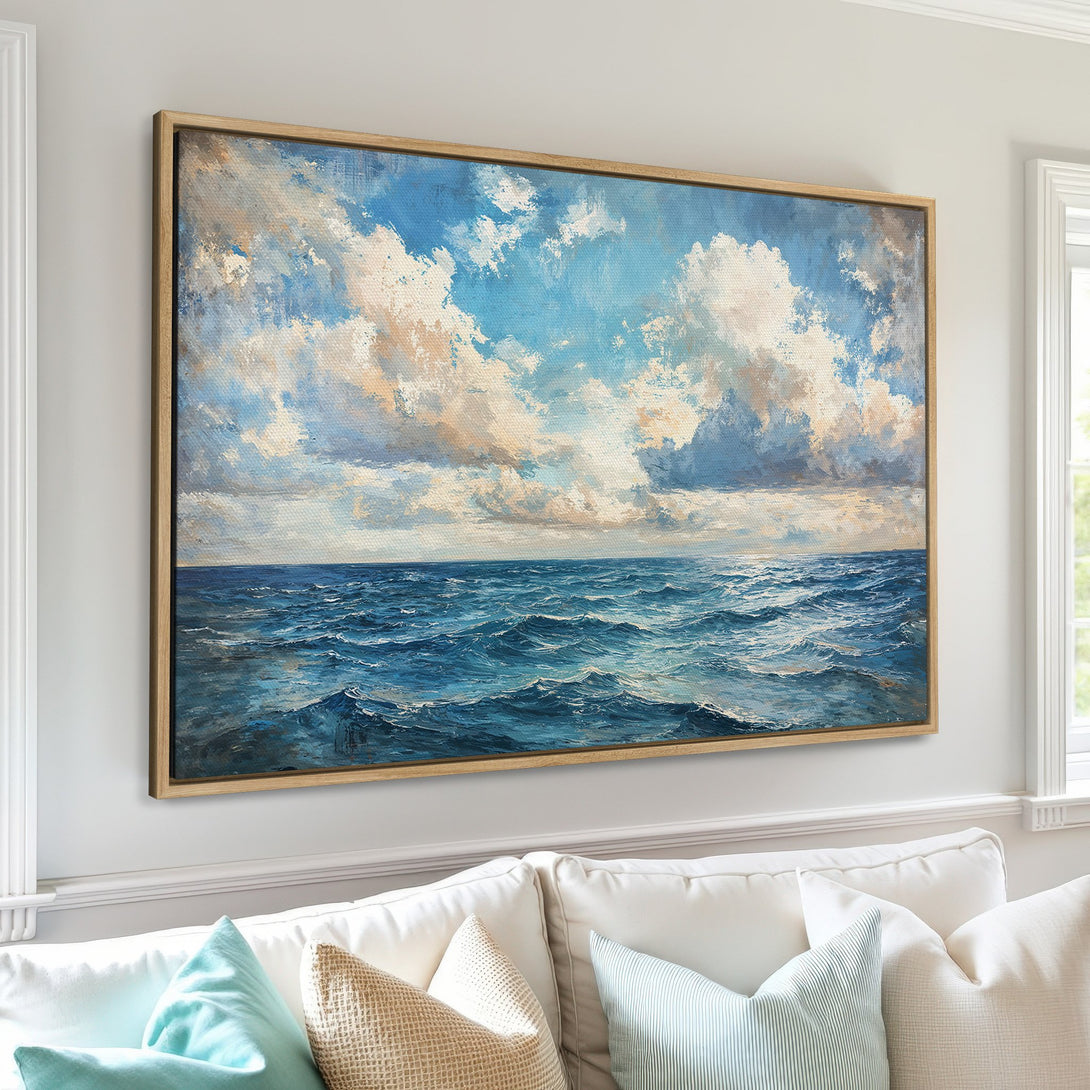 Framed Wall Art: Ocean seascape Canvas Print in blue and neutral tones. Coastal-inspired artwork for living room decor.