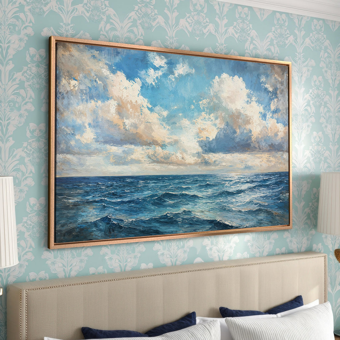 Framed Wall Art: Coastal seascape canvas print in blue and white tones. Classic art style adds elegance to any interior decor.