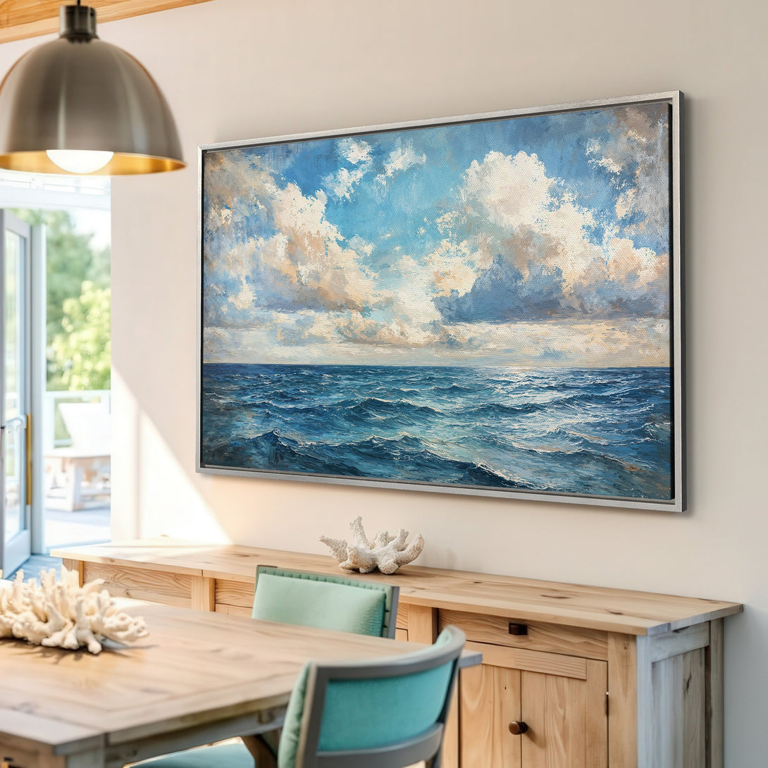 Framed Wall Art: Ocean canvas print with blue and white seascape, perfect for coastal decor. Adds a calming touch to any room.