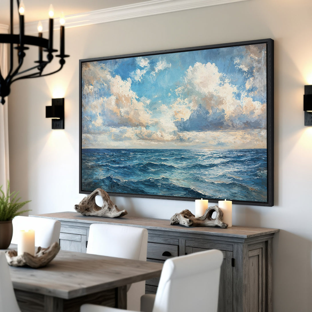 Framed Wall Art: Ocean waves Canvas Print in blue and white. Coastal art for your home. Enhance your decor with this beautiful seascape.