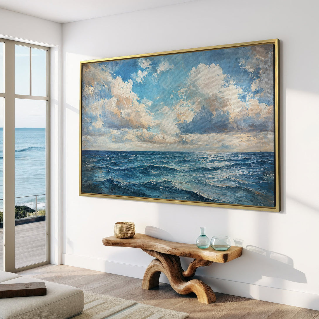 Canvas Print of ocean waves and cloudy sky in a calming blue and white palette, perfect for coastal decor. Bring the serenity of the sea indoors!