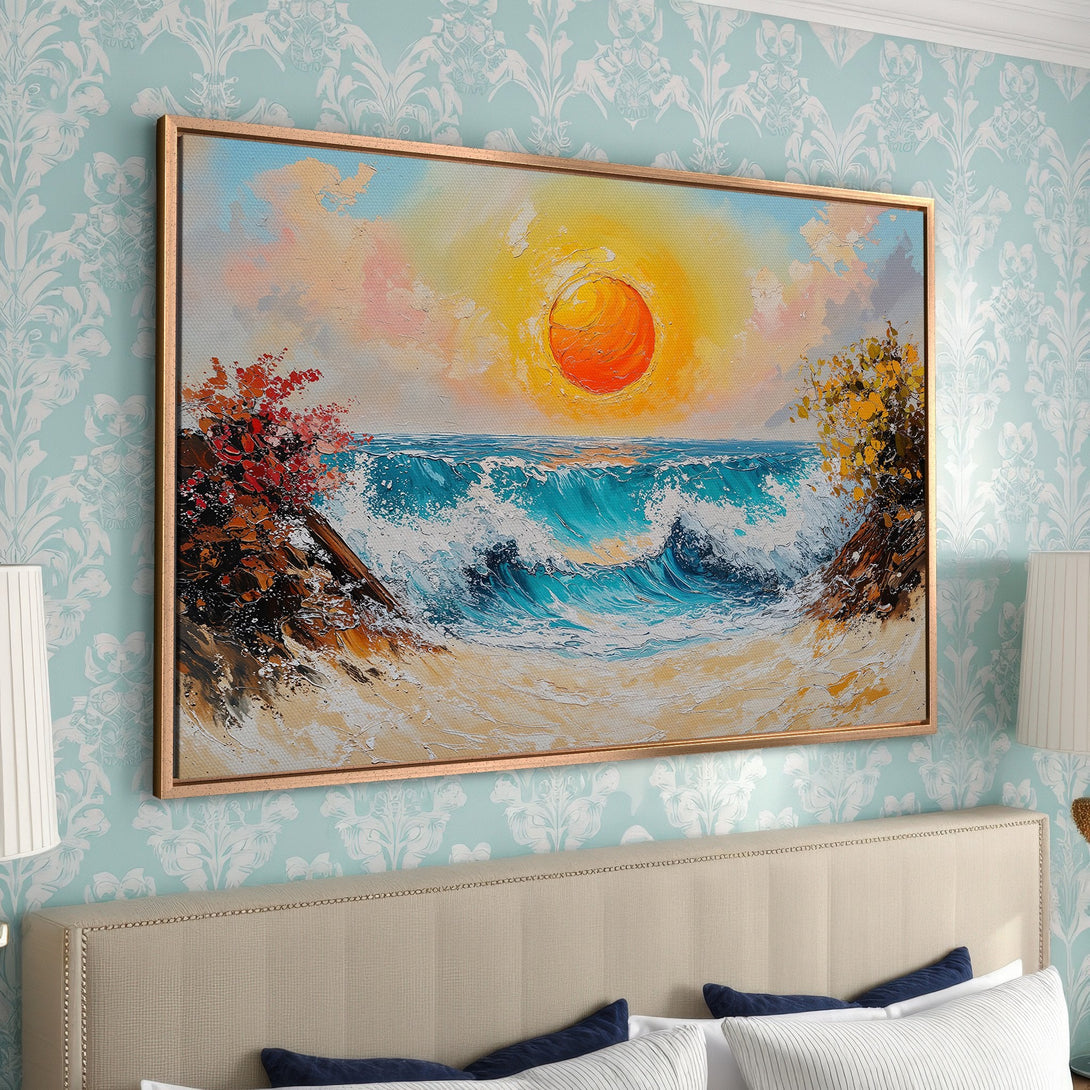Framed Wall Art: Coastal sunset scene in vibrant blues, oranges, and yellows. Textured brushstrokes create a stunning ocean view, perfect for adding art to your bedroom.