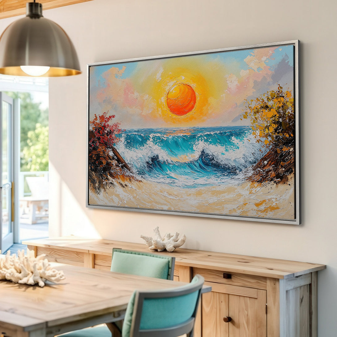 Framed Wall Art: Coastal sunset oil painting in a dining room. Vibrant blues, oranges, and yellows. Perfect beach home decor.