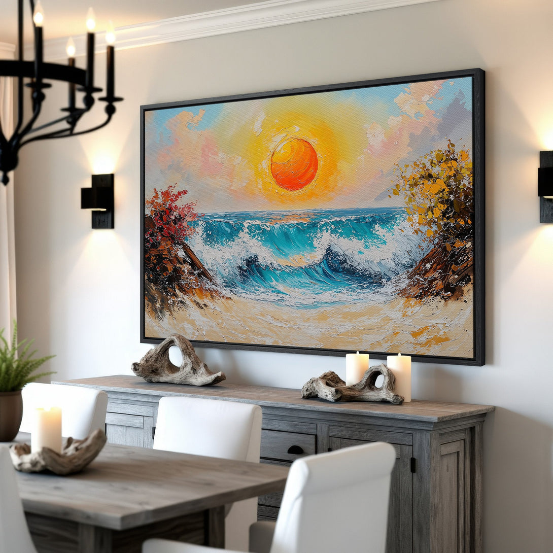 Framed Wall Art: Coastal sunset canvas print in warm tones. Adds a touch of serenity and style to any space. Perfect for living rooms and dining areas.