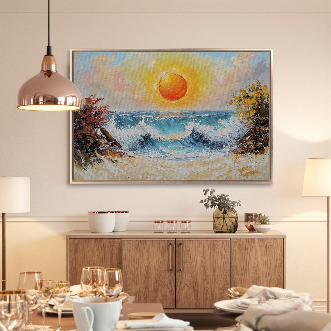 Framed Wall Art: Coastal sunset oil painting in warm yellow, blue, and orange tones. Perfect for adding a touch of serenity to your home decor.