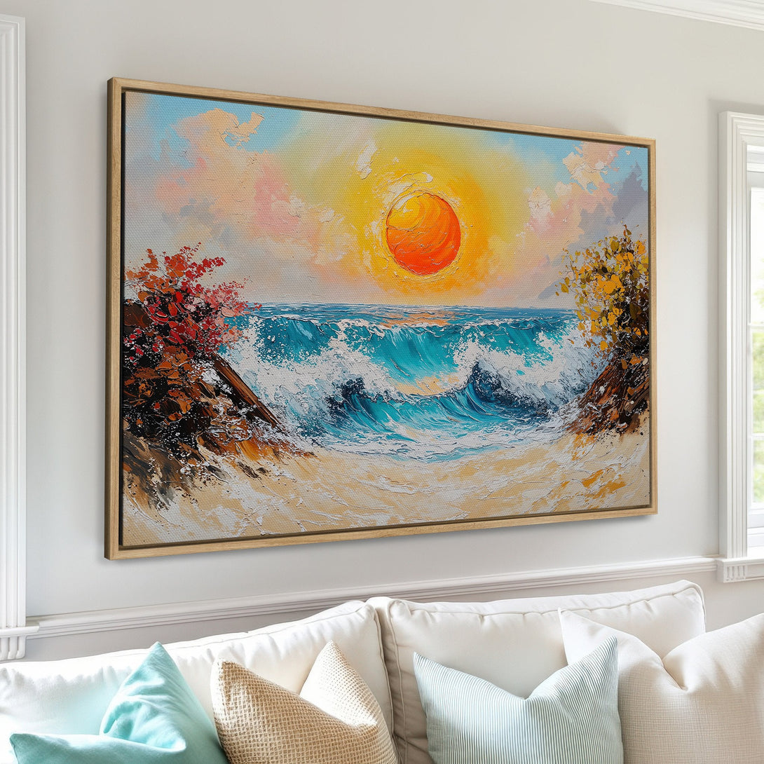 Framed Wall Art: Ocean sunset painting with vibrant blues, oranges, and yellows. Impasto style canvas print adds coastal charm to any space.