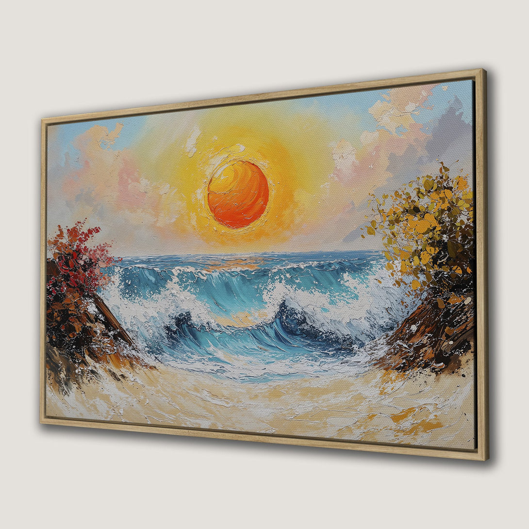 Framed Wall Art of a vibrant ocean sunset. Impressionist style with warm yellow, orange, and blue hues. Perfect for adding a coastal touch.