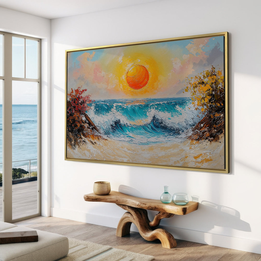 Canvas Print of a vibrant ocean sunset painting. Features bold brushstrokes, a warm yellow and blue color palette, and adds coastal charm to any space.