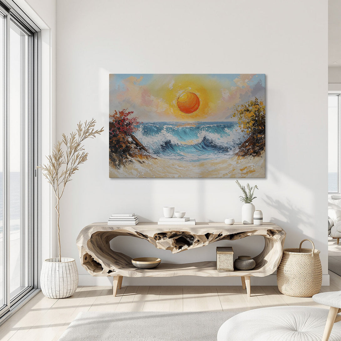 Framed Wall Art: Coastal sunset painting in vibrant blues, oranges, and yellows. Adds a touch of warmth and style to any interior. Shop now!