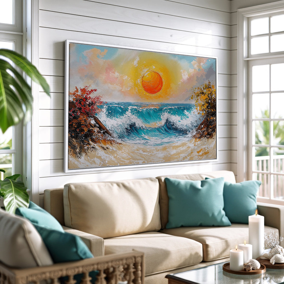 Framed Wall Art: Ocean sunset painting in vibrant blue, orange, and yellow hues. Coastal art style adds a touch of serenity to any room. Shop now!