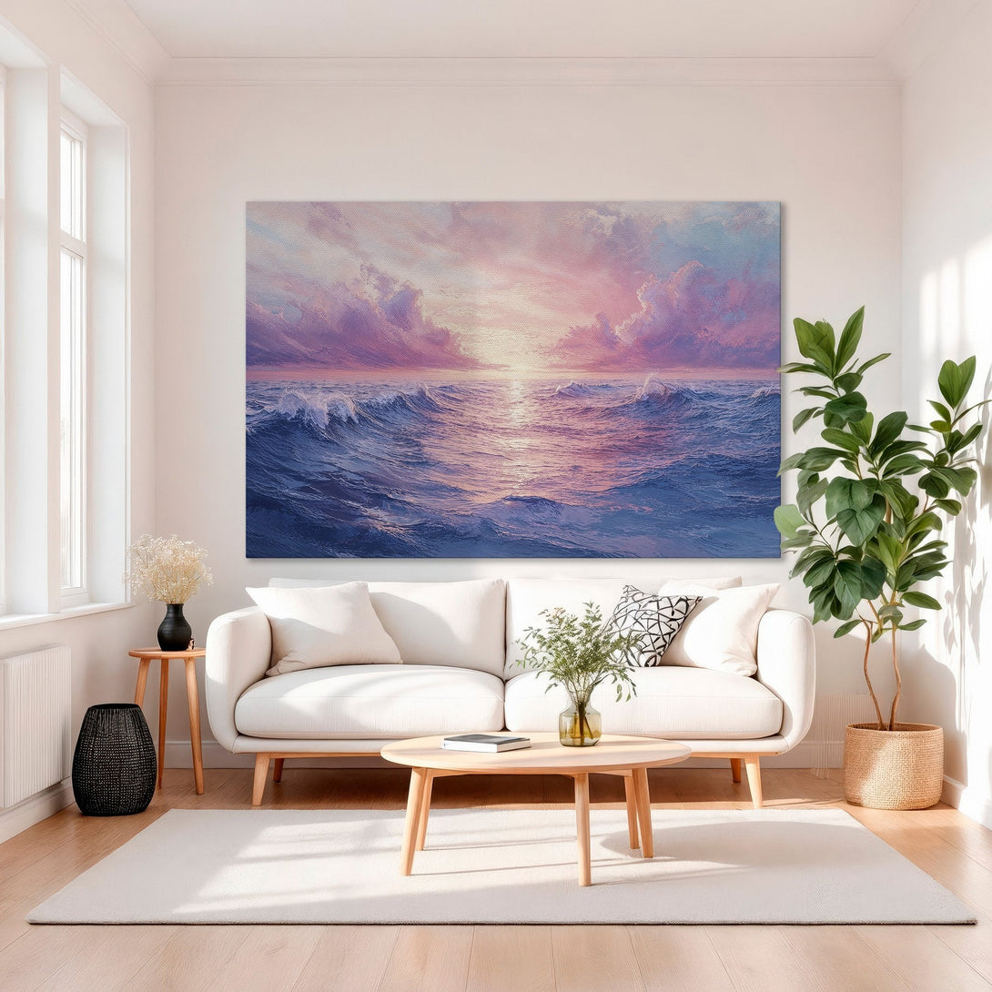 Framed Wall Art: Ocean sunset canvas print in a luxurious living room. Featuring blue, pink, and gold hues. Perfect coastal decor for any space.