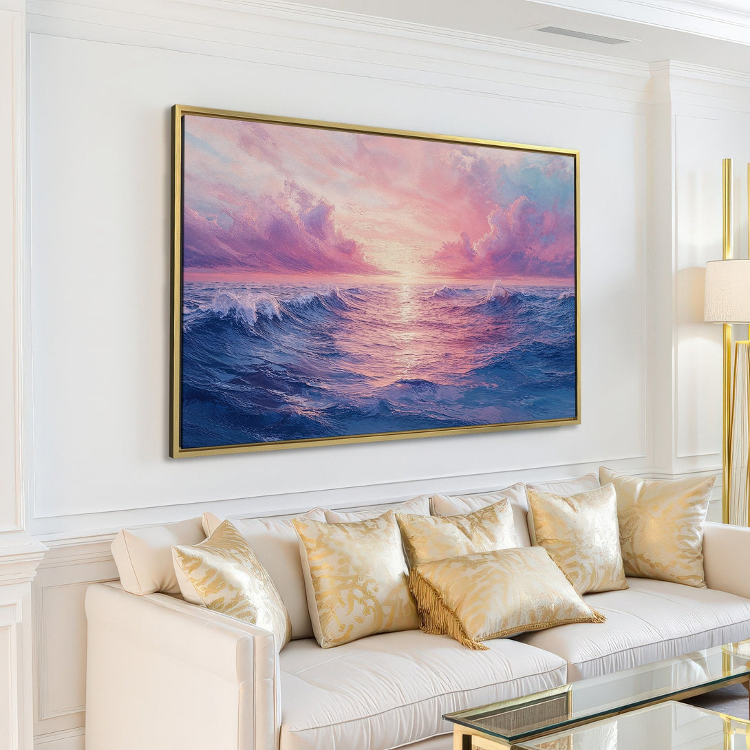 Canvas Print of a serene ocean sunset, featuring vibrant blue and pink hues. Coastal wall art for a calming home.