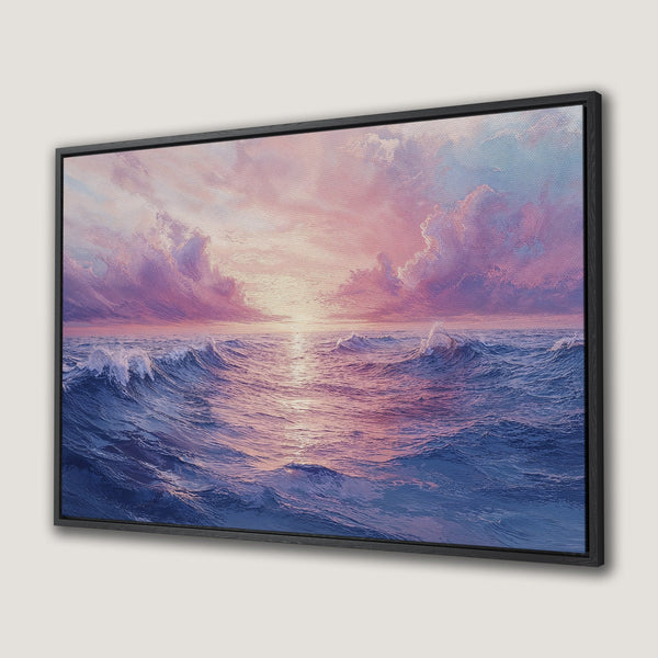 Framed Wall Art: Ocean sunset canvas print with vibrant blues, pinks, and purples. Coastal art for a calming aesthetic.