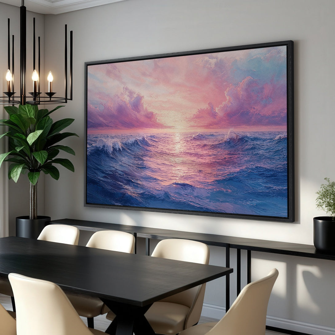 Framed Wall Art: Ocean sunset canvas print in a dining room. Features vibrant pink, blue, and purple hues. Perfect for coastal home decor.