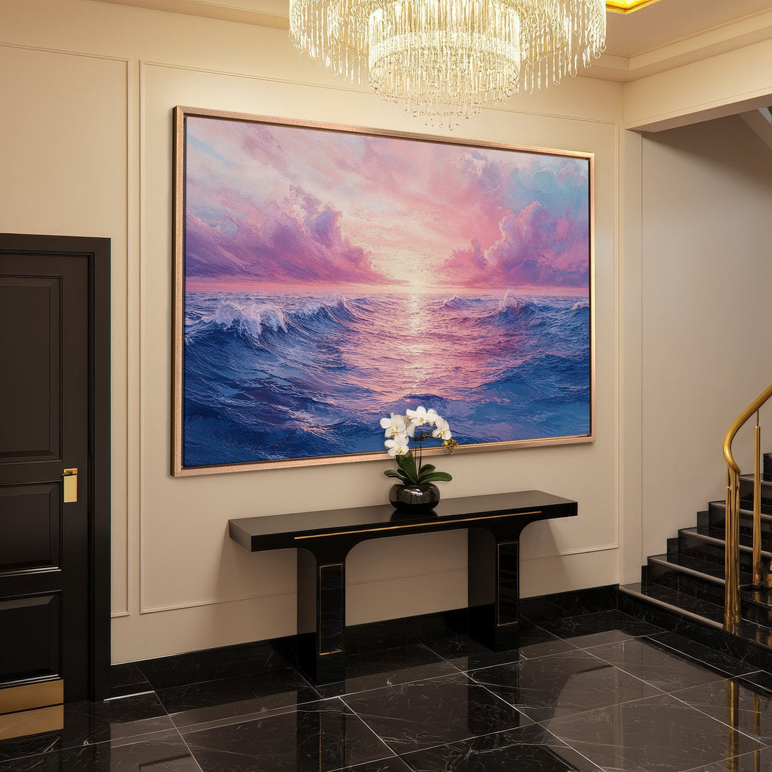 Framed Wall Art: Ocean sunset Canvas Print in blue & pink hues. Elevate your space with this stunning seascape art. Perfect for any room!