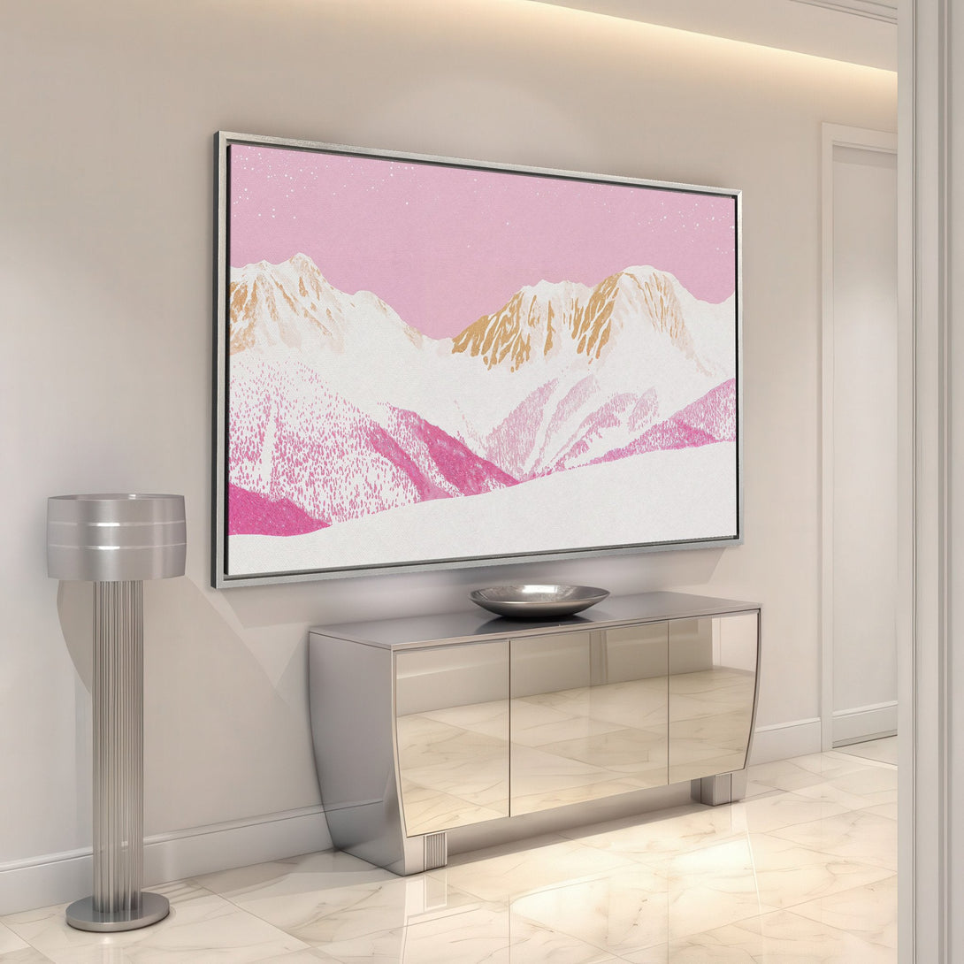 Framed Wall Art: Abstract mountain landscape in pink, white, and gold tones. Modern art print to elevate your home decor.