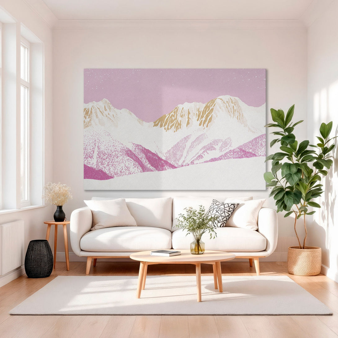 Framed Wall Art featuring a pink and gold mountain landscape. Modern canvas print adds a touch of elegance to any interior.