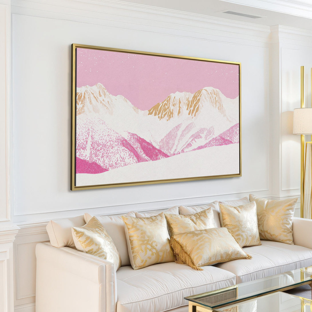 Canvas Print of a mountain landscape in a modern interior. Featuring a pink and gold color palette, this art piece adds a touch of serenity.