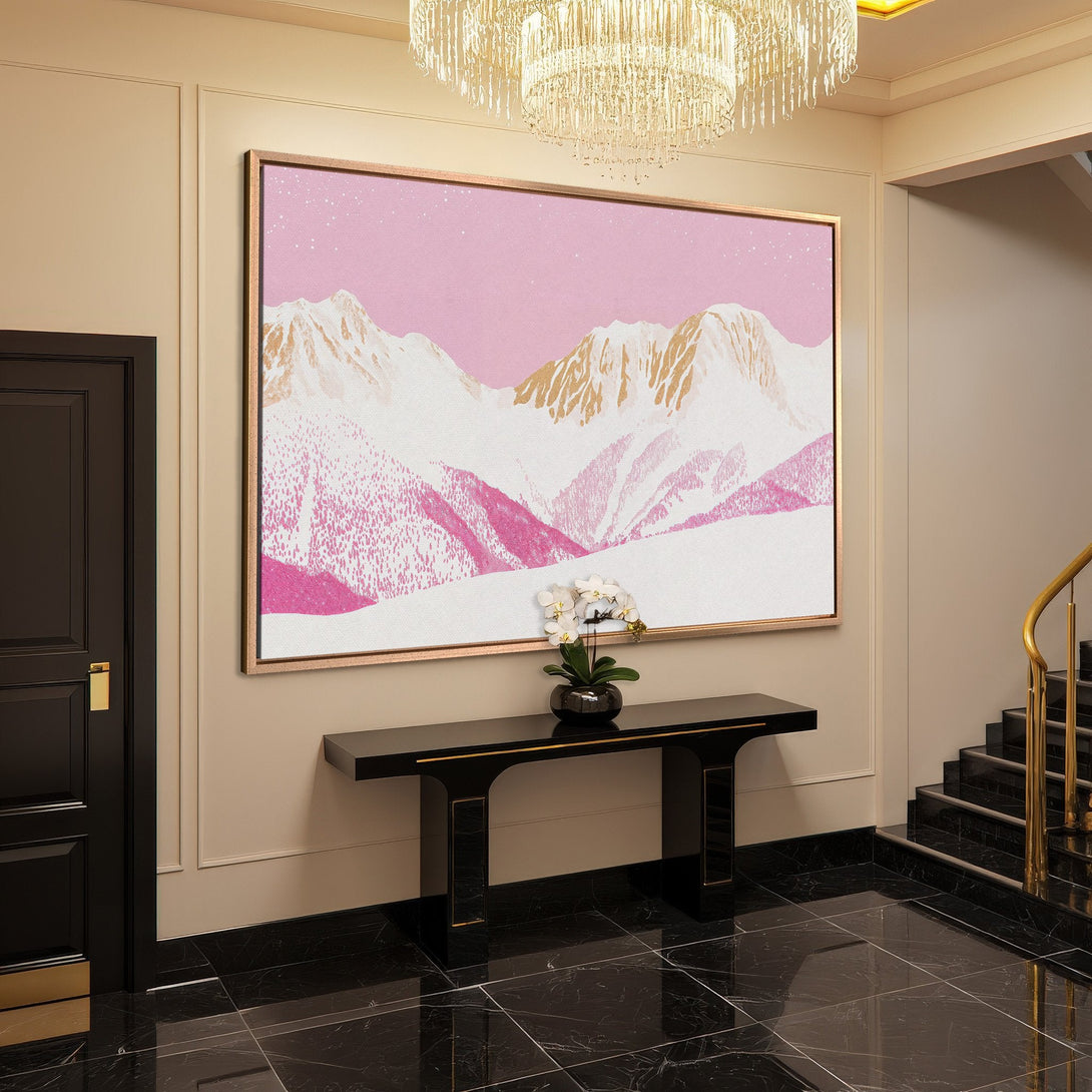 Framed Wall Art: Pink & gold mountain landscape canvas print. Modern art for your home. Stylish decor with a luxurious feel.