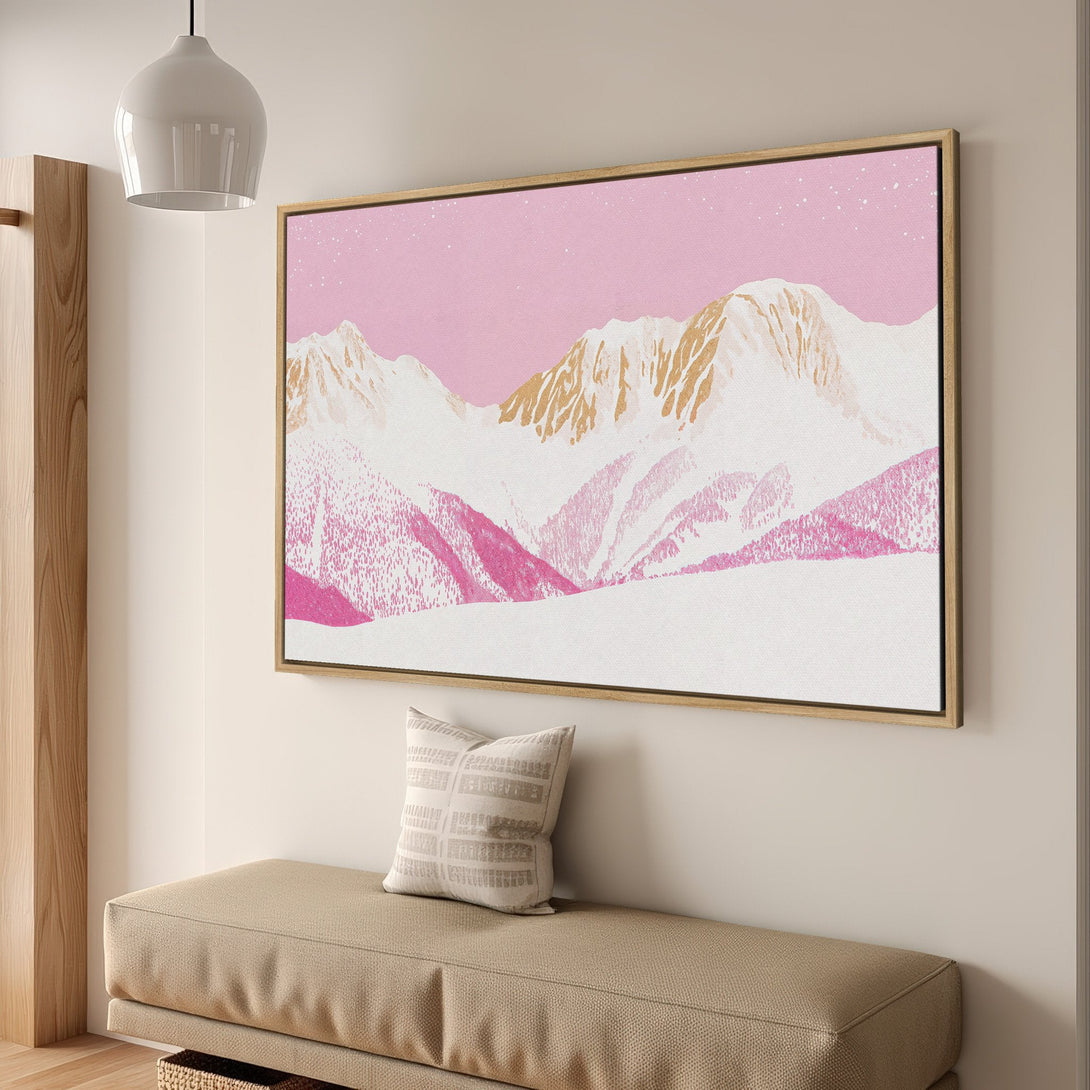 Framed Wall Art featuring a pink and gold mountain landscape. Modern art Canvas Print adds a pop of color to any interior. Shop now!
