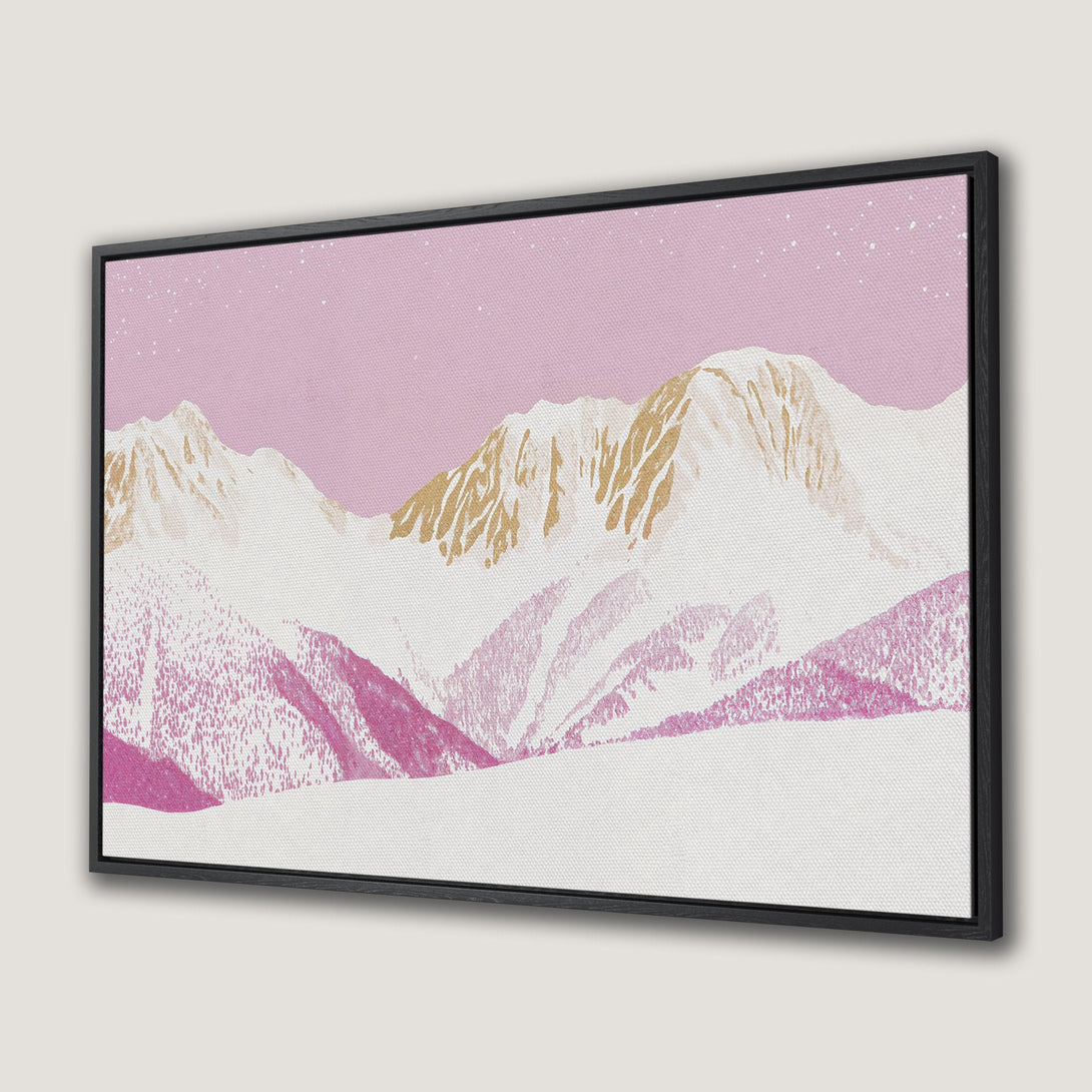 Framed Wall Art featuring a mountain landscape in a modern, minimalist style. Soft pink, white, and gold color palette. Perfect for adding a touch of nature to your home.