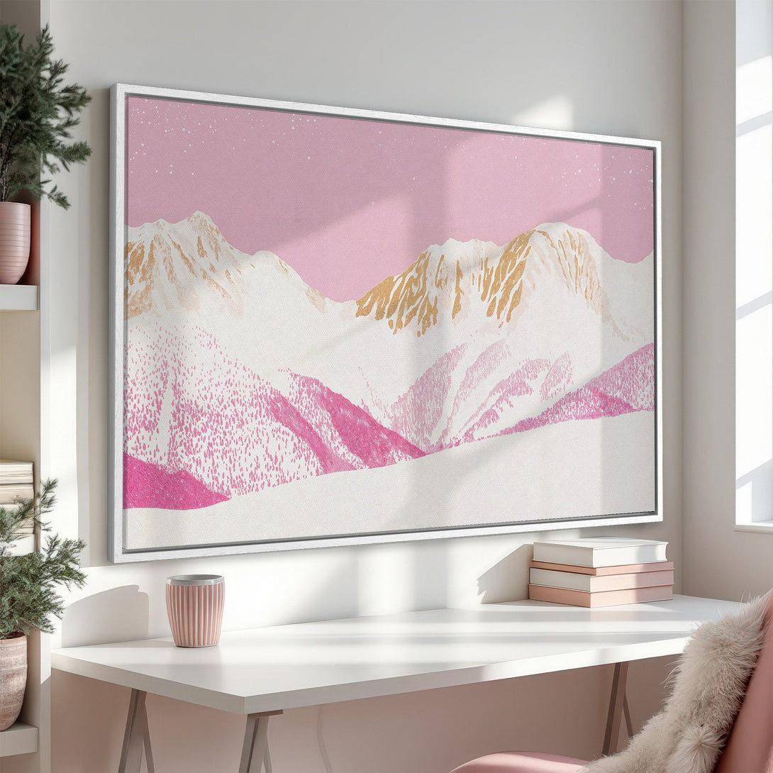 Framed Wall Art featuring a modern mountain landscape in pink and gold, perfect for adding a touch of elegance to any interior.