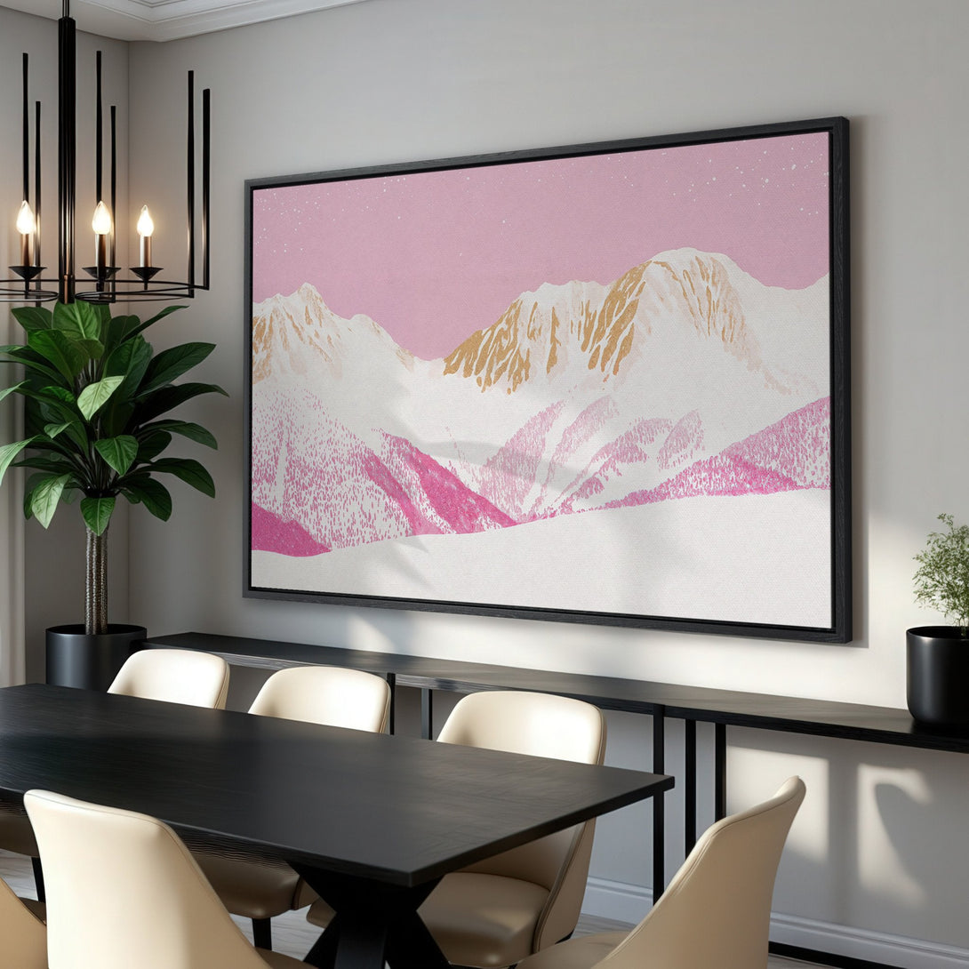 Framed Wall Art: Pink and gold mountain landscape canvas print. Modern art for home decor. Soft, dreamy color palette. Add a touch of nature to your space.