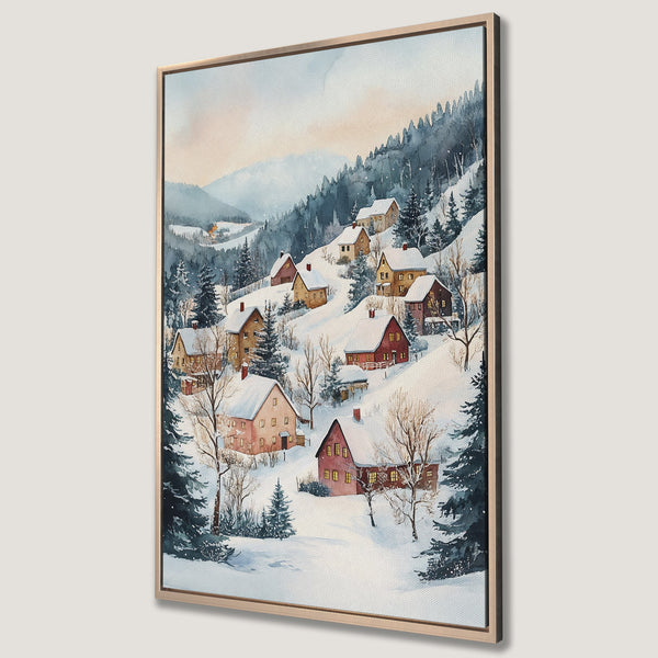 Framed Wall Art: Watercolor winter village scene with snow-covered houses in a serene blue and warm palette. Perfect for cozy home decor.