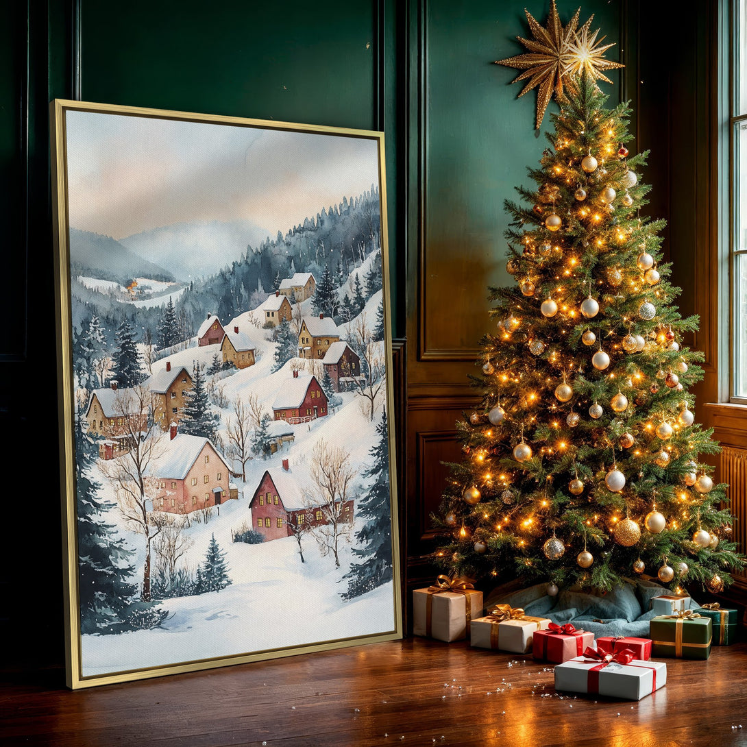 Canvas Print of a snowy village watercolor painting. Featuring a winter scene with muted blues, greens, and warm house colors. Perfect for cozy home decor.