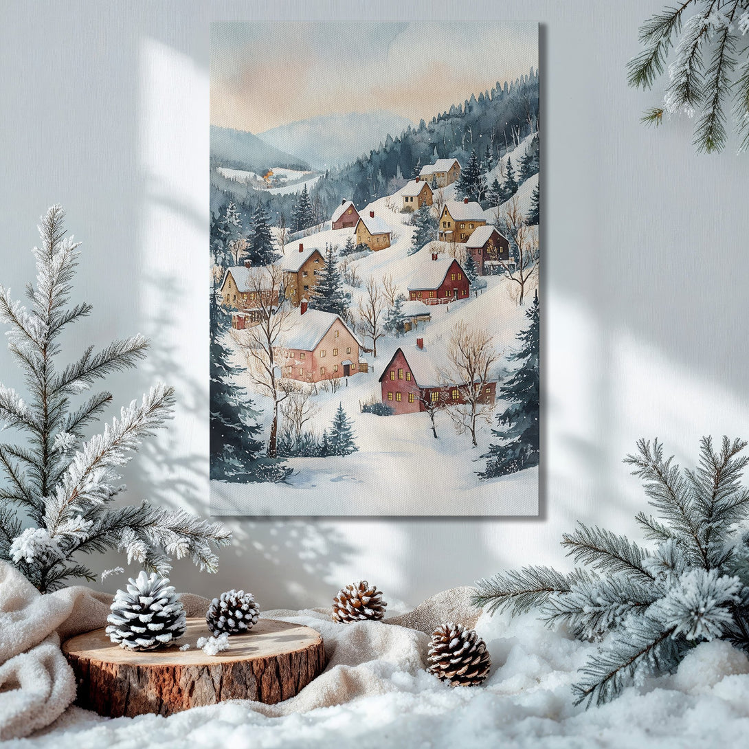 Framed Wall Art: Watercolor winter village scene in a cozy interior with a Christmas tree. Warm, inviting colors. Perfect holiday decor.