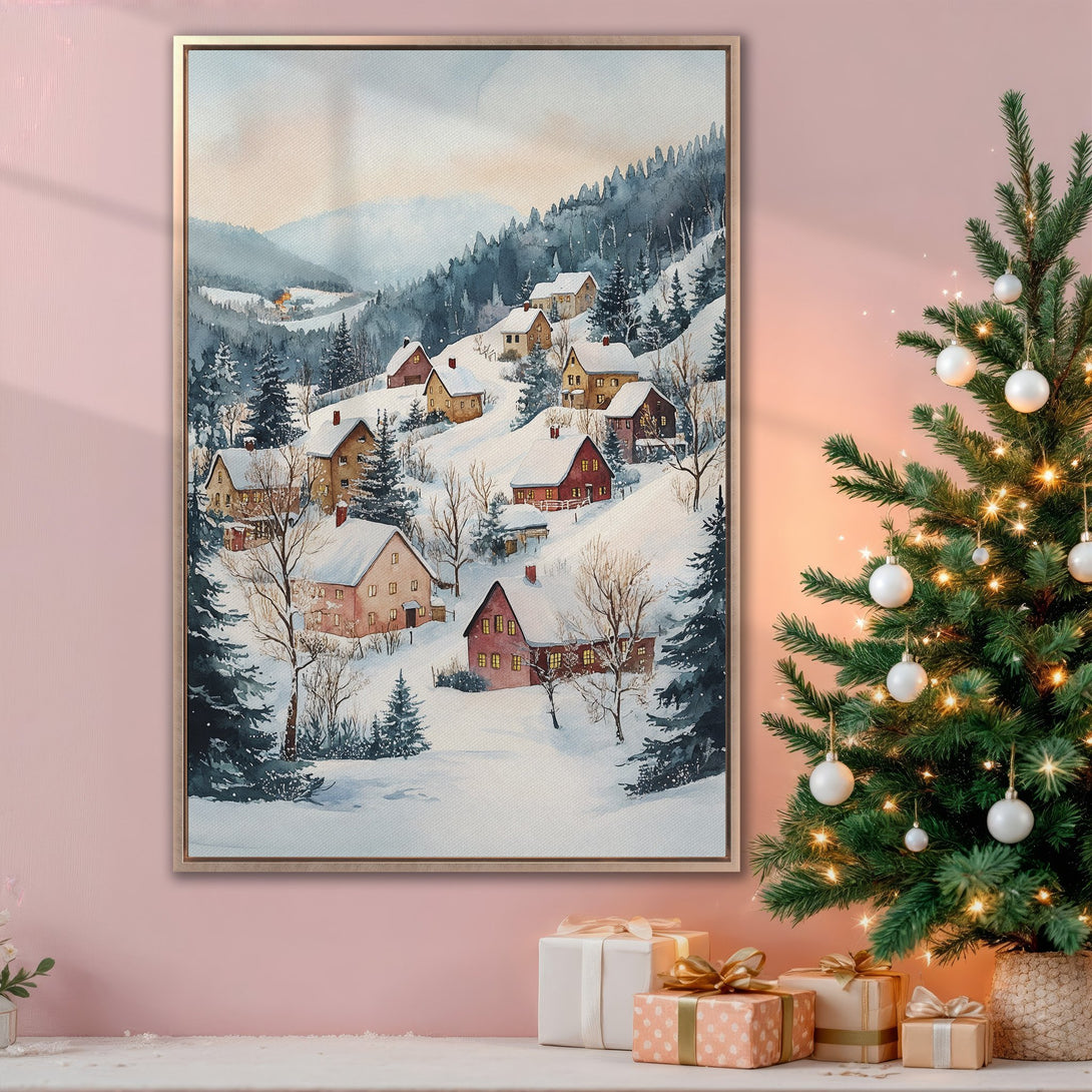 Framed Wall Art: Watercolor winter village scene in muted blues, greens, and warm reds. Perfect for cozy holiday decor. Canvas Print available.