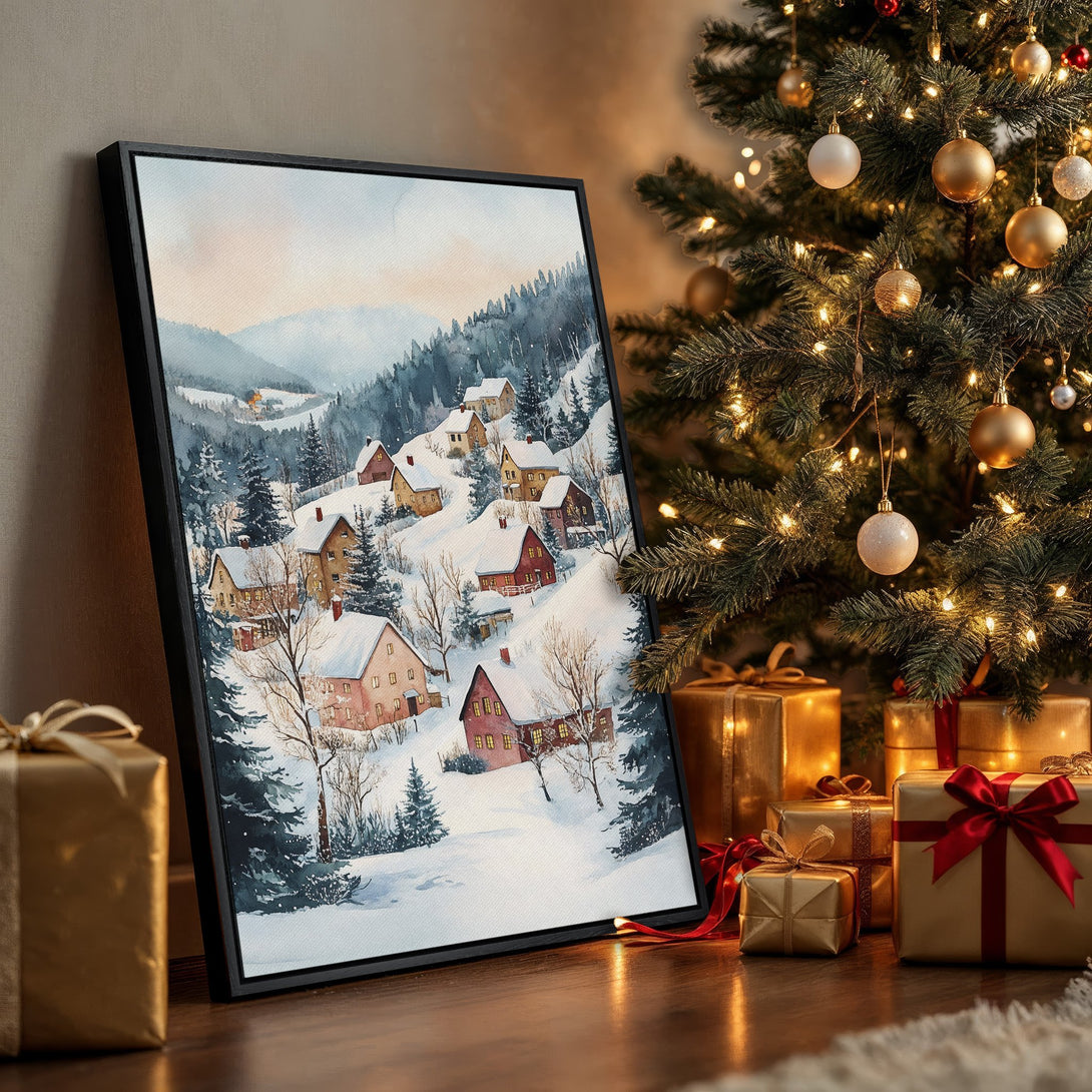 Framed Wall Art featuring a watercolor winter village scene. Soft blues, greens, and warm earth tones create a cozy holiday vibe. Perfect Christmas decor!