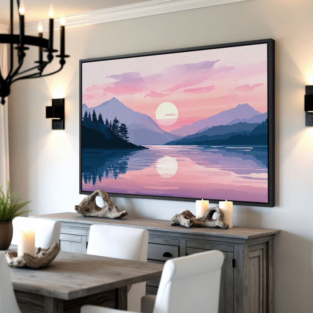 Framed Wall Art: Serene landscape Canvas Print with a sunset over a lake, featuring a pink and blue color palette, perfect for home decor.