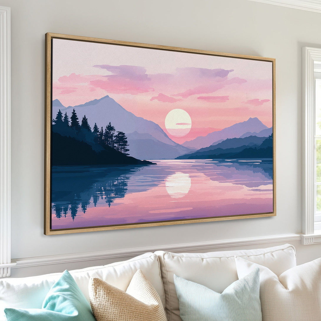 Canvas Print of a serene sunset over a lake, featuring mountains and trees. Pink, purple, and blue color palette. Perfect for any home!