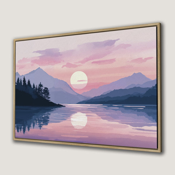 Canvas Print of a serene sunset landscape in a minimalist style, featuring a pink and purple color palette. Perfect wall art for any room.