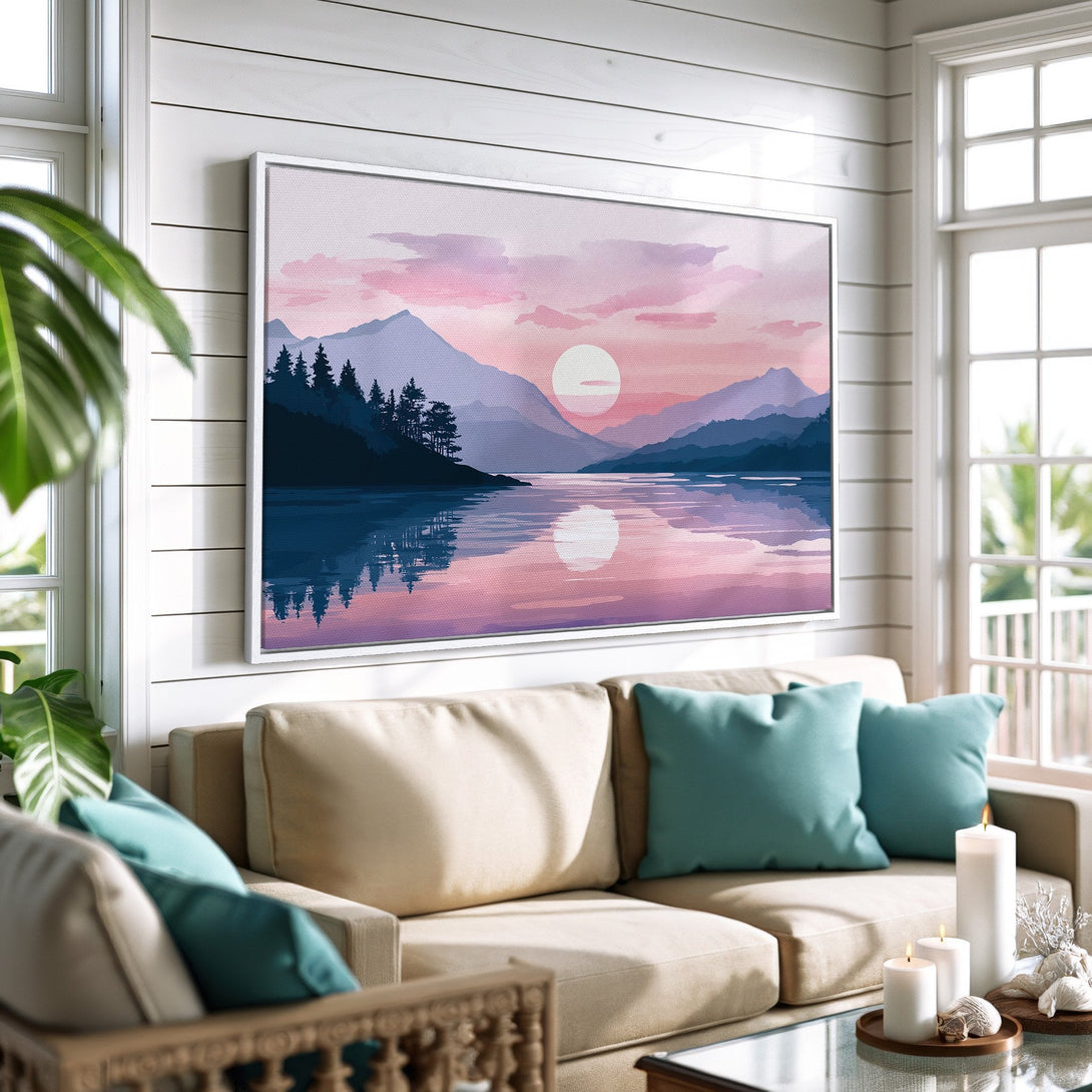 Framed Wall Art: Watercolor landscape Canvas Print in a coastal living room. Featuring mountains, lake, and sunset in a pink and blue color palette.