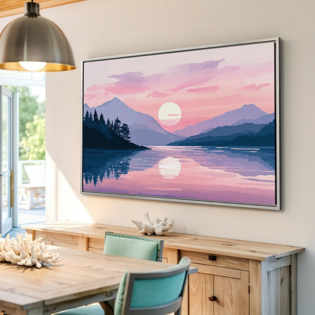 Framed Wall Art: Serene landscape Canvas Print with a sunset over a lake, featuring a calming pink and blue color palette. Perfect for home decor!