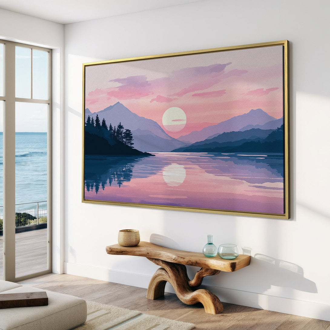 Canvas Print of a serene sunset landscape in a minimalist style, featuring a calming pink and blue color palette. Perfect wall art for any room.