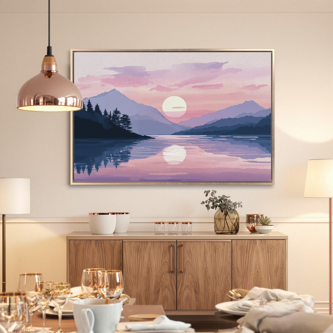 Framed Wall Art: Serene landscape Canvas Print featuring a sunset over a lake. Soft pastel colors create a calming, modern aesthetic. Perfect for any room!