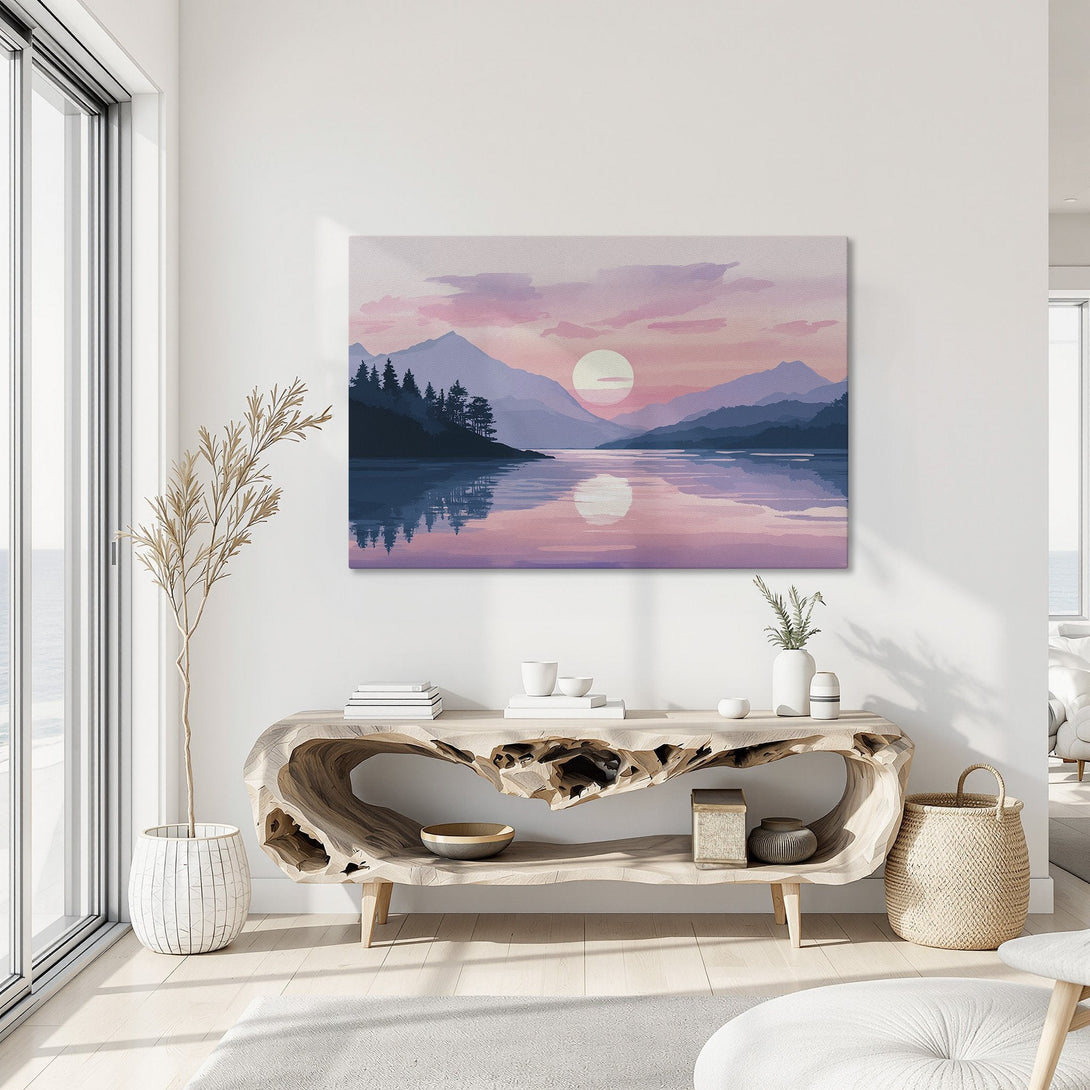 Framed Wall Art: Serene sunset landscape Canvas Print in pink and blue hues. Modern art for a tranquil home.
