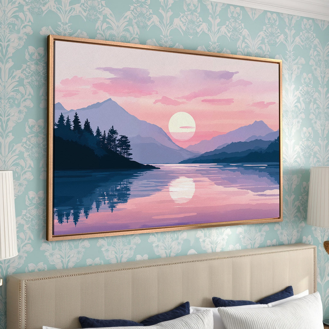 Framed Wall Art: Tranquil landscape Canvas Print with a sunset over a lake. Features a calming pink & blue color palette, perfect for bedroom decor.