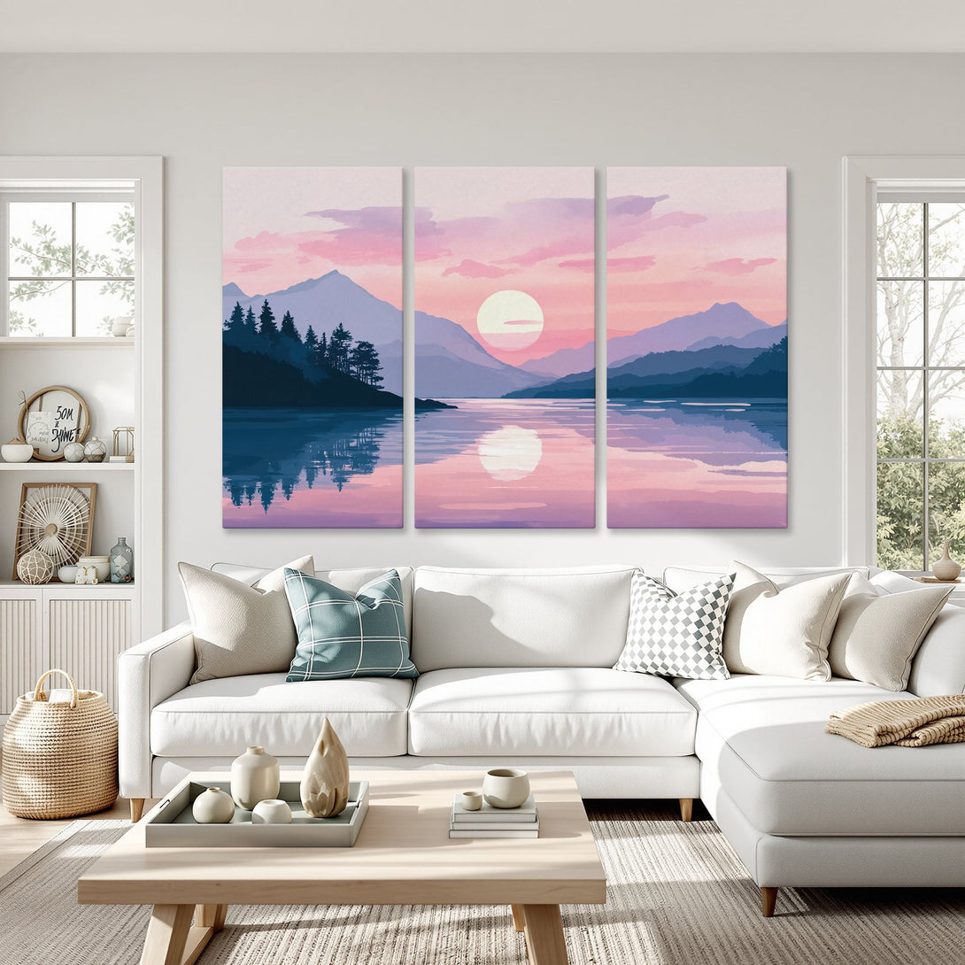 Canvas Print of a serene sunset landscape in a modern living room. Featuring mountains, lake, and pink/purple hues. Perfect wall art for a calming space.